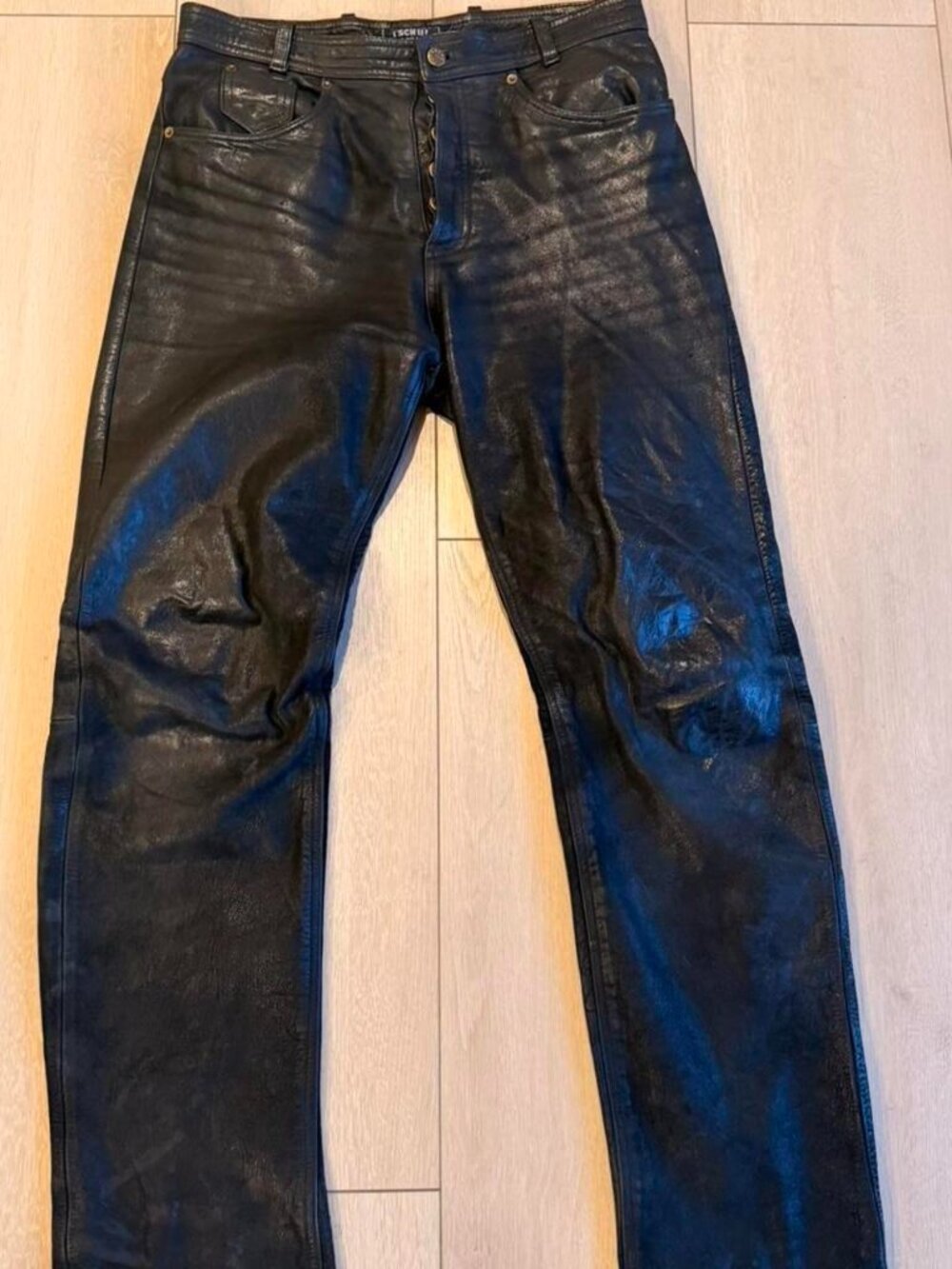 Black Leather Pants with Distressed Look Men's M